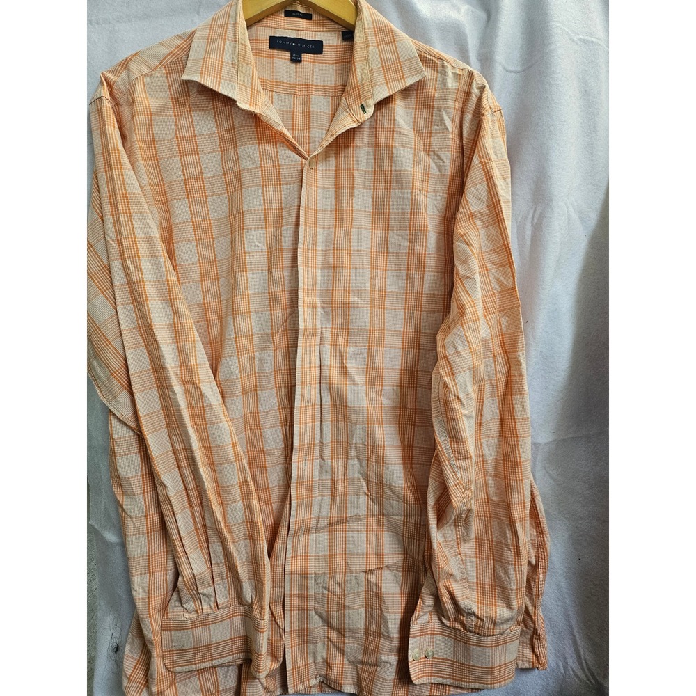 Tommy Hilfiger Mens Slim Fit Orange Plaid Long Sleeve Dress Shirt 17.5 34-35